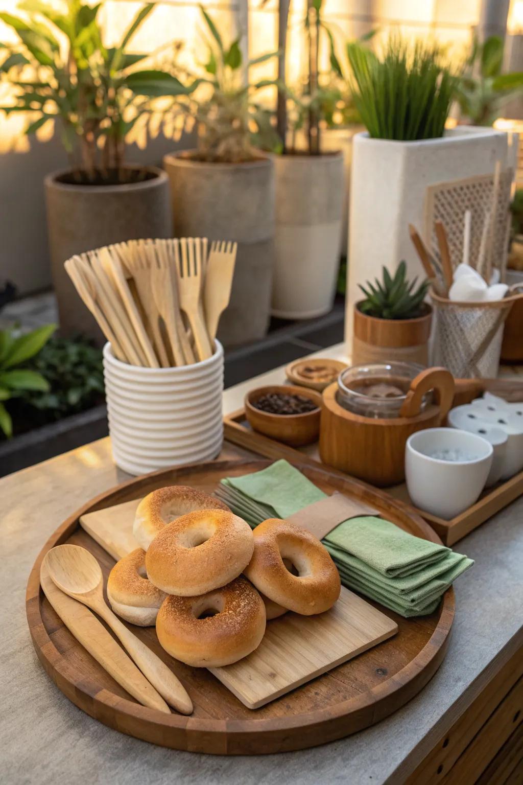 Eco-friendly elements bring a chic, natural vibe to your bagel bar setup.