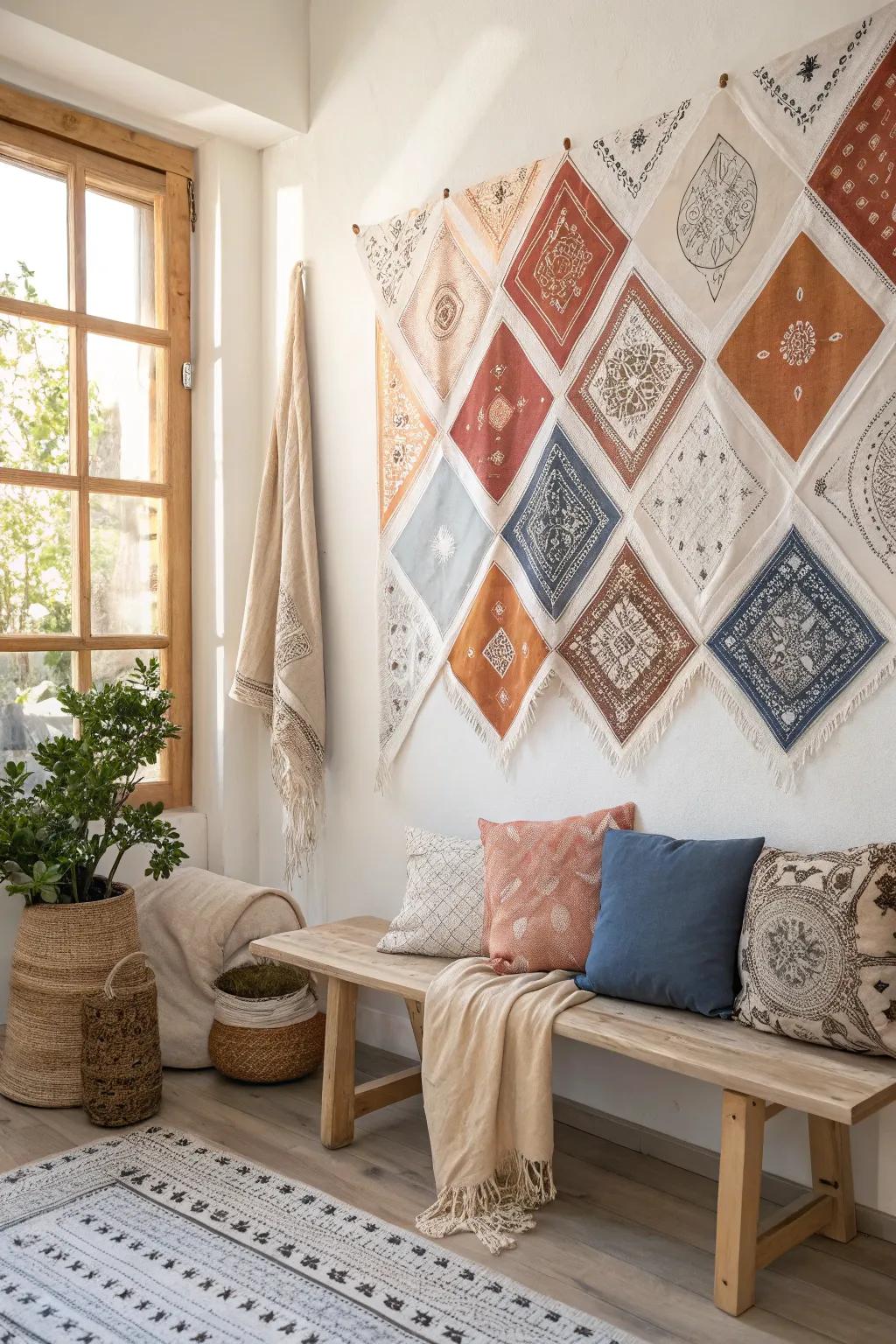 A bandana accent wall is a bold and colorful design statement.