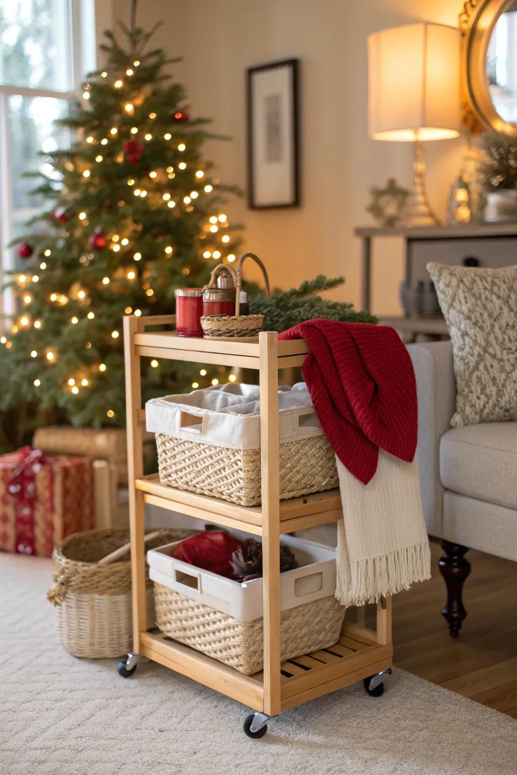 Keep your holiday essentials on hand with a portable decoration cart.