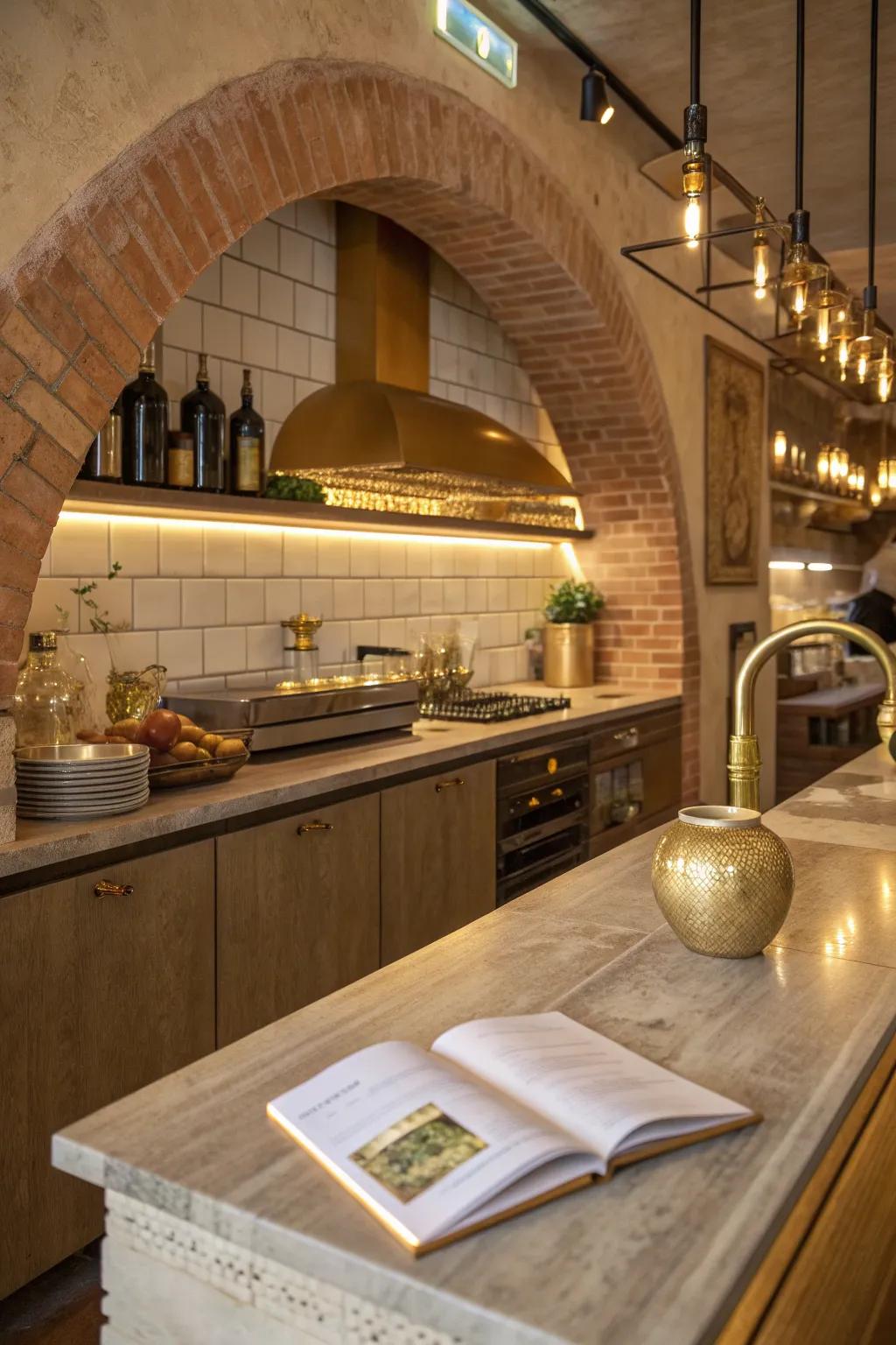 Accent lighting emphasizes the kitchen's unique features.