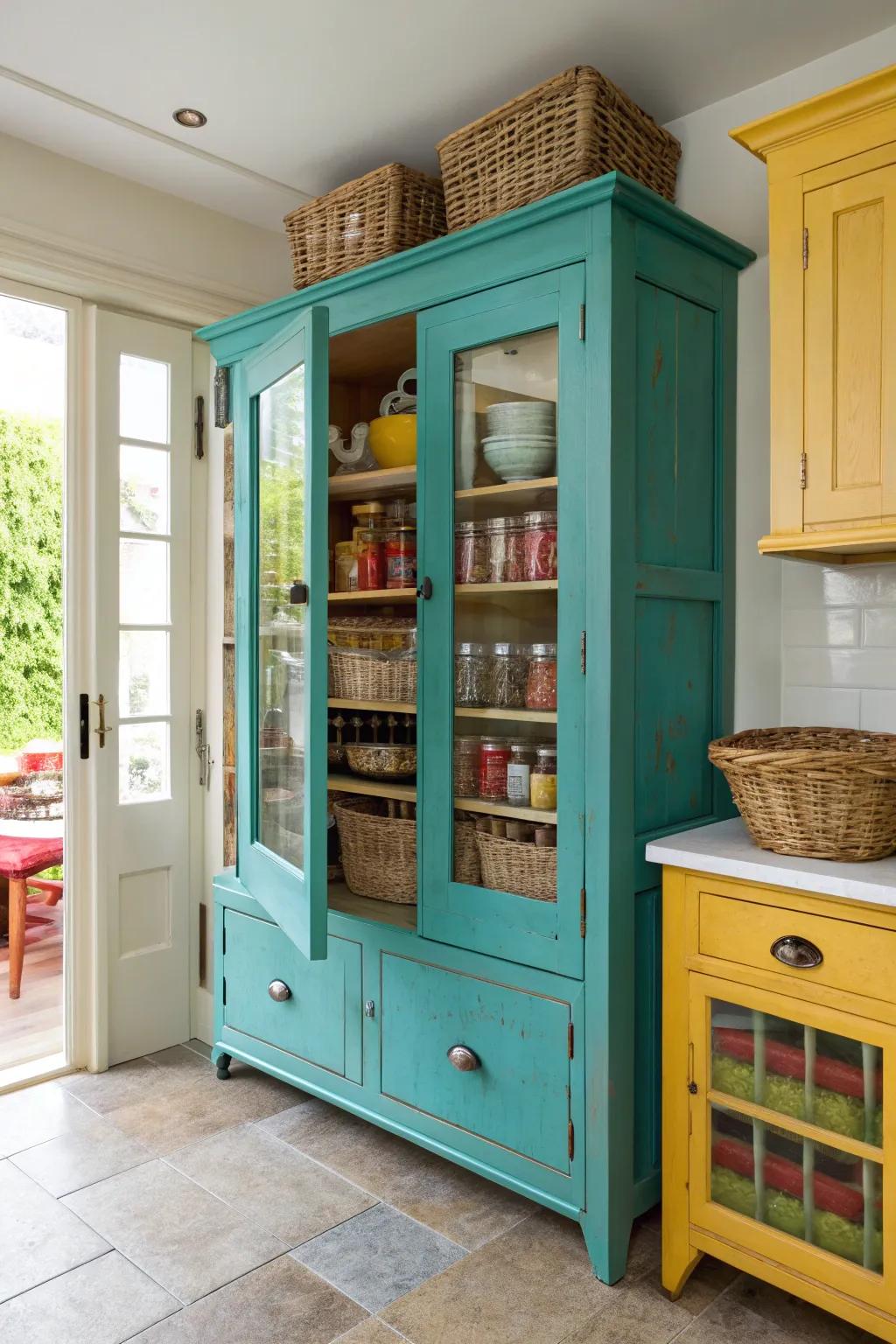 Add unique flair with a repurposed vintage pantry cabinet. #VintageFinds #UniqueStyle 🕰️