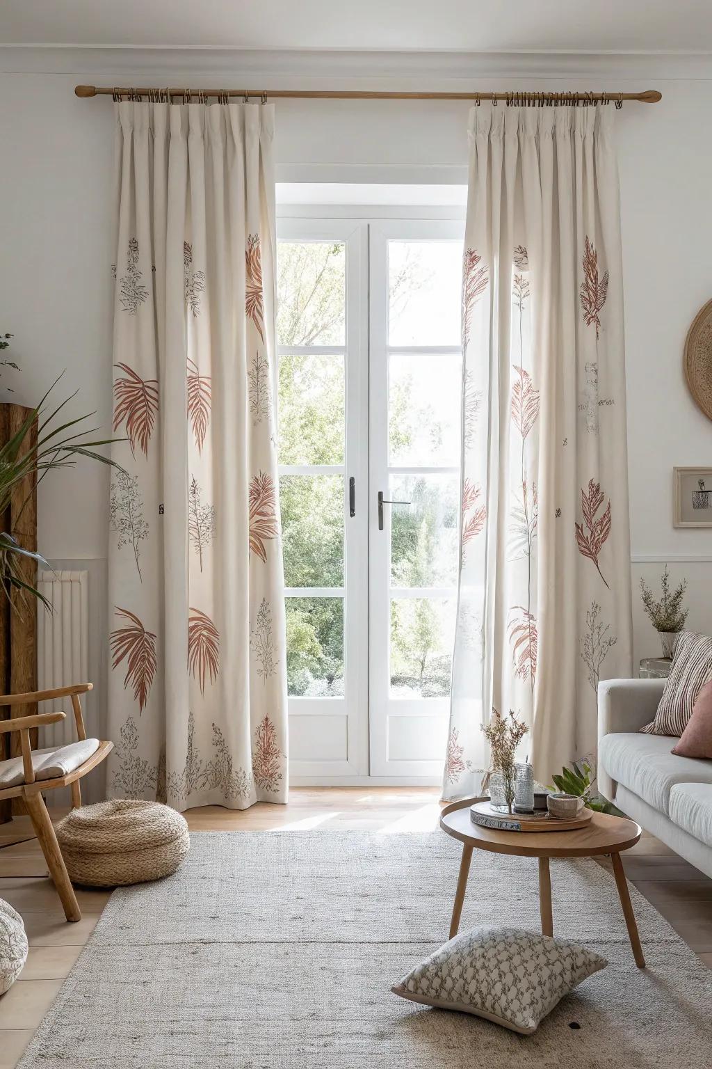 Custom prints on curtains add a personal and artistic flair.