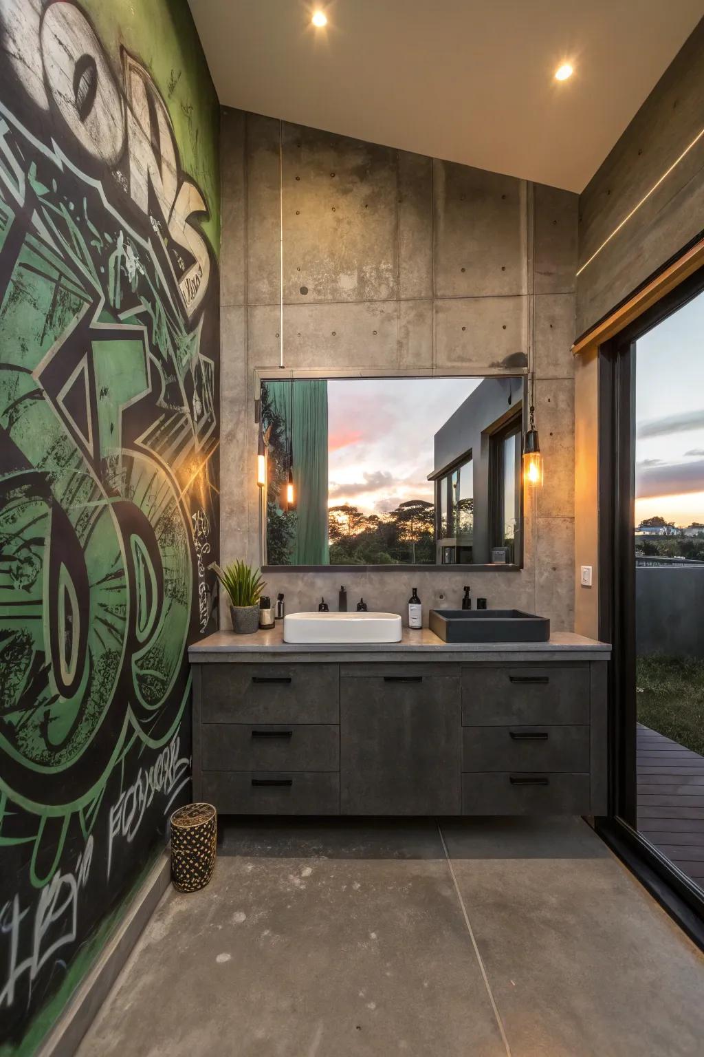 Turn your bathroom into a colorful retreat. #BathroomInspiration #BoldDecor #GraffitiArt