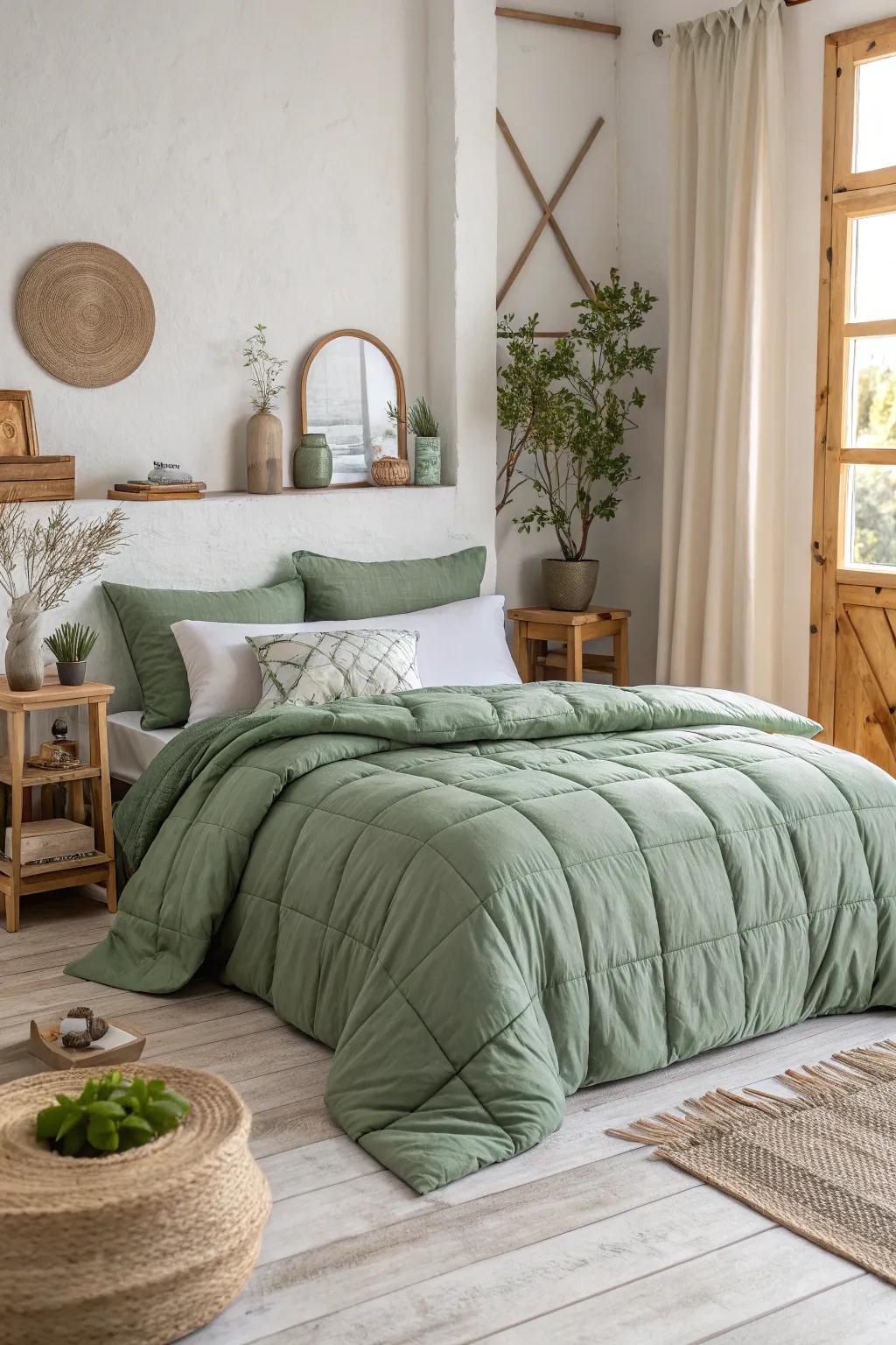 Subtle green accents tie the room together, adding a cohesive touch.