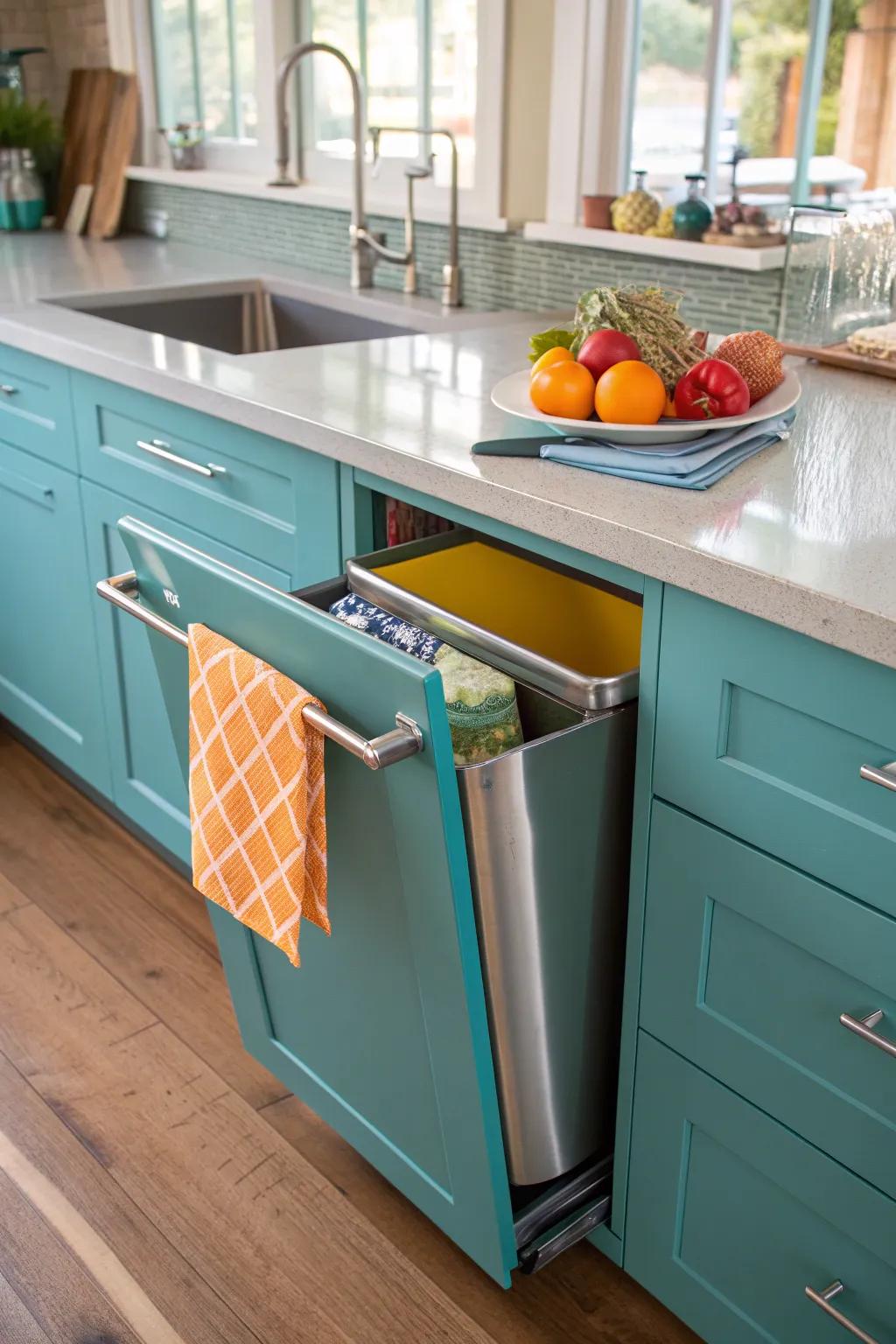 A trash can drawer blends waste management seamlessly into your kitchen.