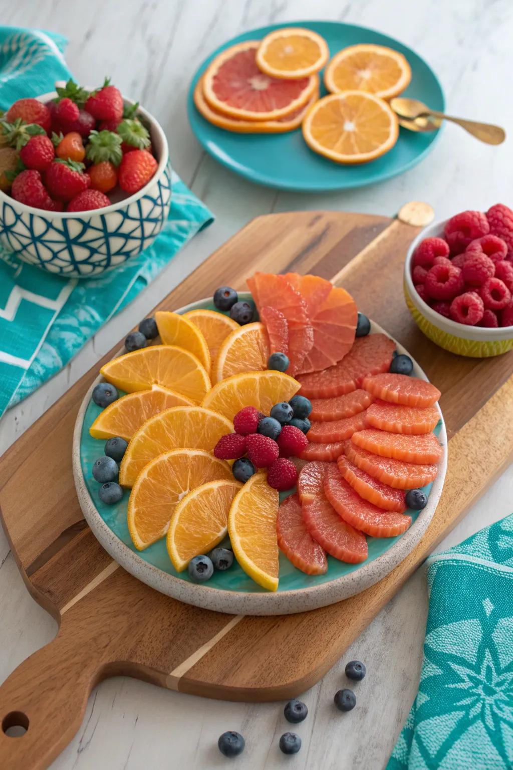 Fill gaps with decorative fruits, adding vibrancy and visual appeal to your board. 🍊 #DecorativeFruits #VisualAppeal
