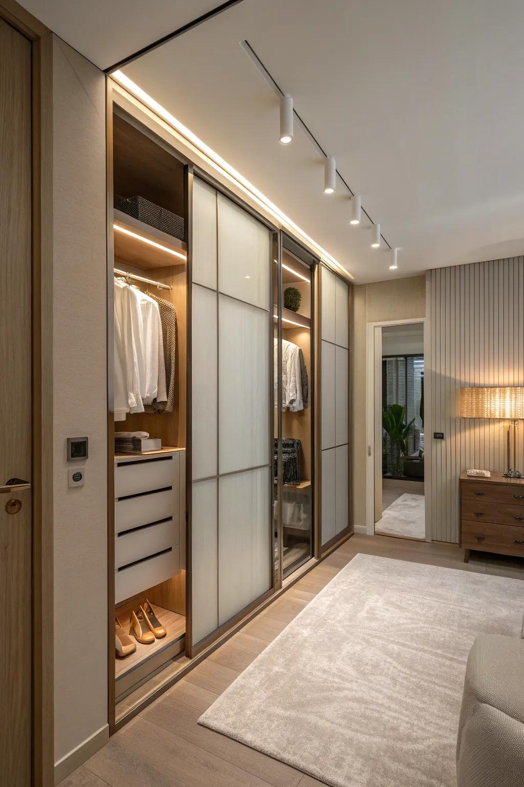 A hidden dressing area offers privacy and functionality.