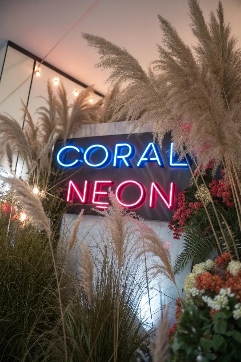Elegance and warmth with a neon sign nestled among soft pampas grass.