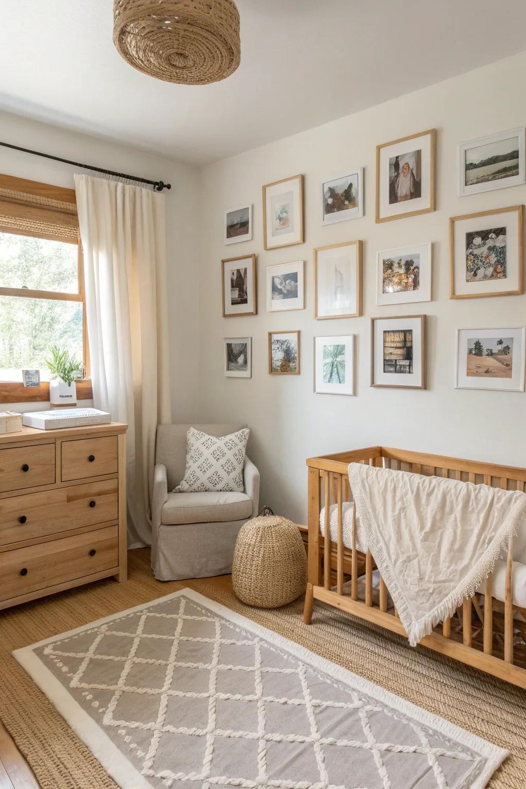 A gallery wall filled with cherished memories adds warmth and personal style.