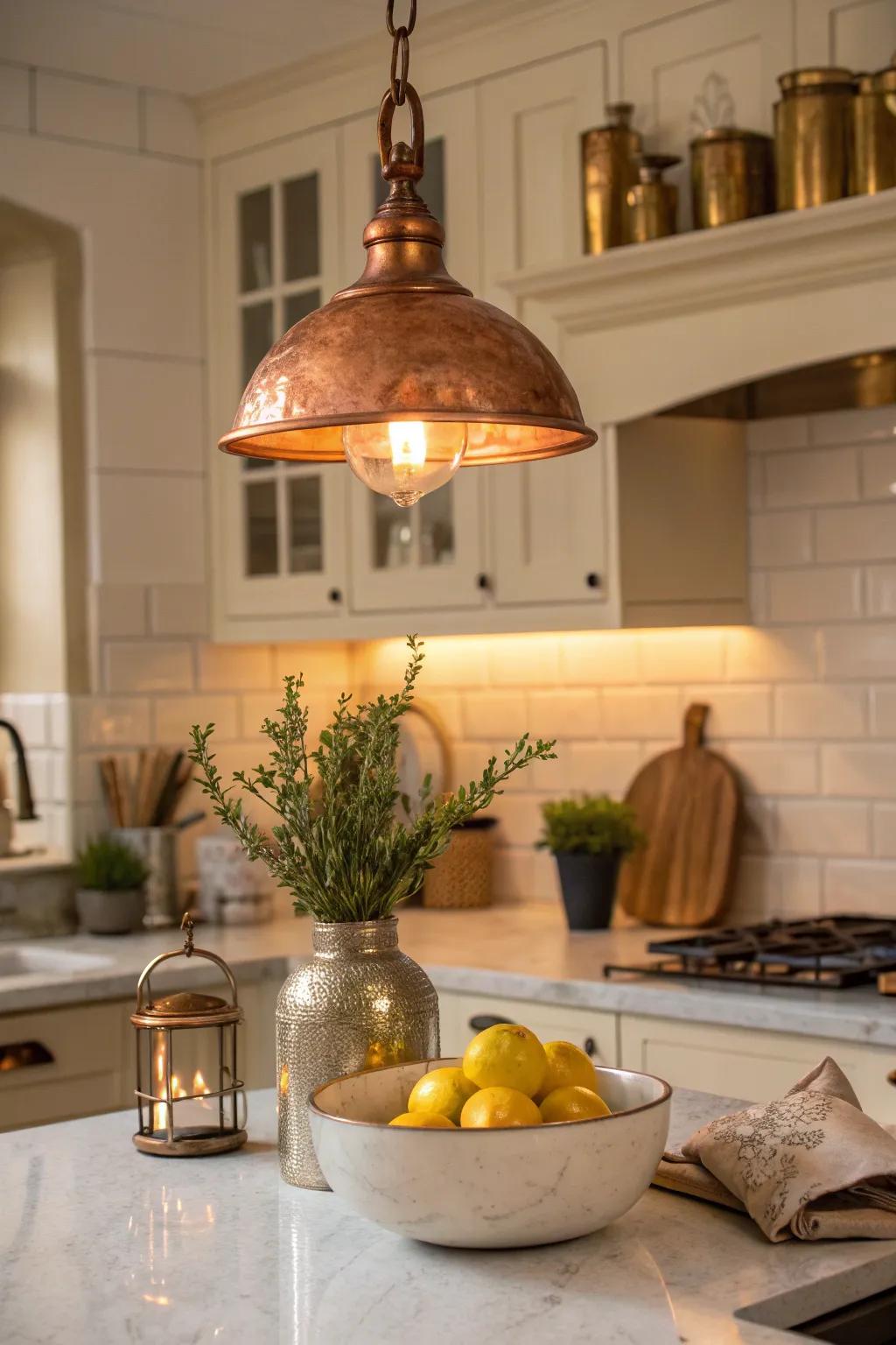 Metallic accents infuse glamour and warmth into off white kitchens, elevating their look.