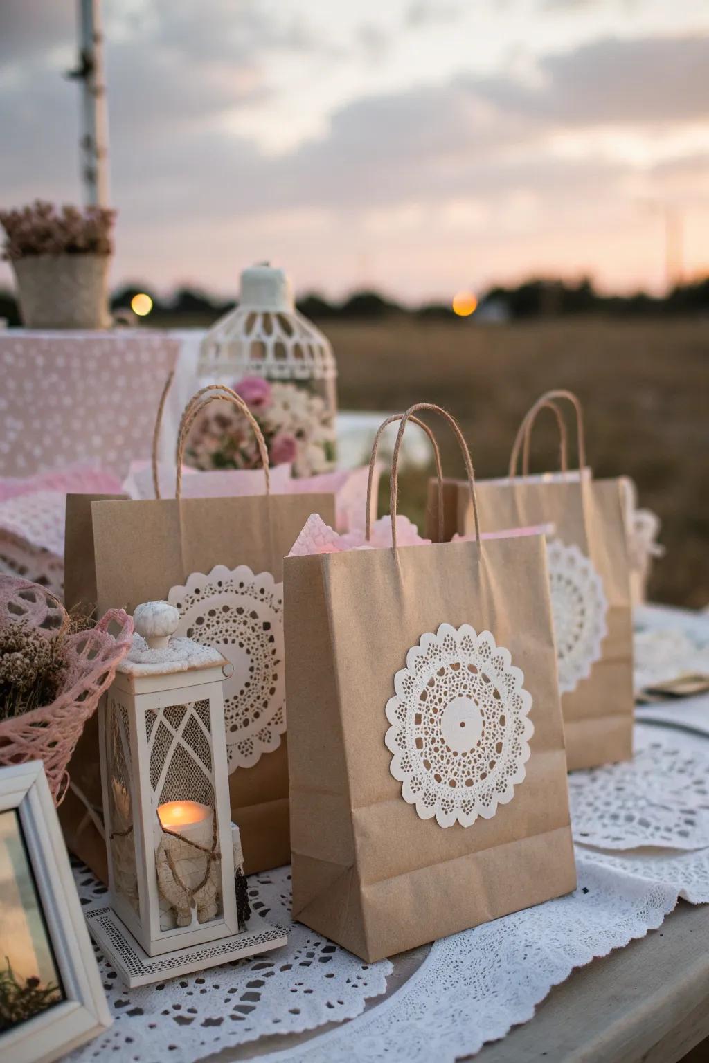 Add vintage elegance to your decor with these doily-adorned bags.