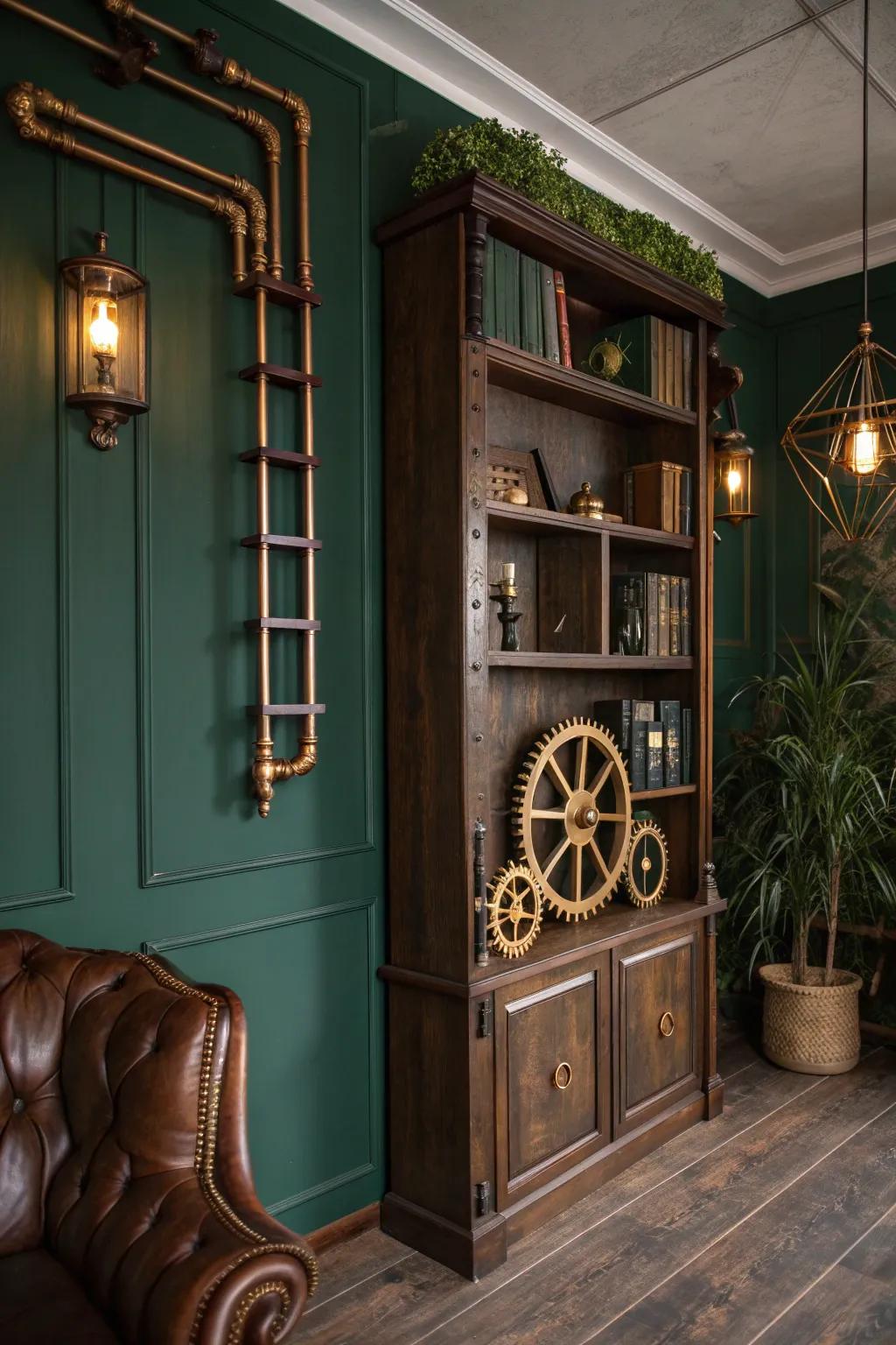 Embrace the drama with dark green walls that set the stage for your steampunk decor.