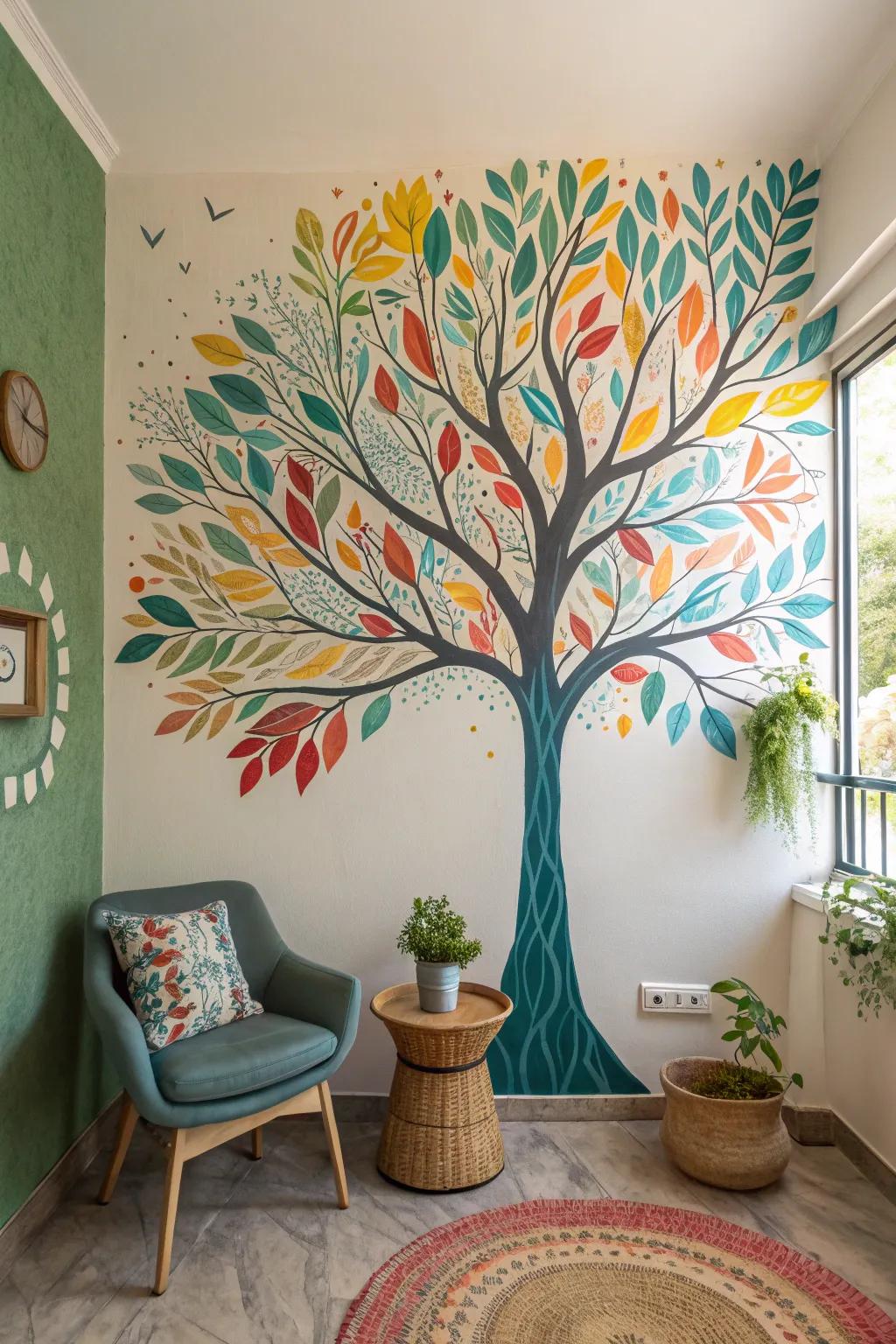 Transform your space into an artistic oasis with a painted mural tree that bursts with color. 🎨 #CreativeWallArt #DIYHome