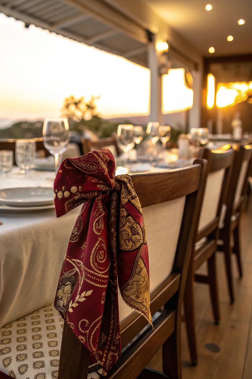 Bandana-tied chairs add a festive flair to your dining area. 🎉 #DiningDecor #FestiveFlair #ChairStyle