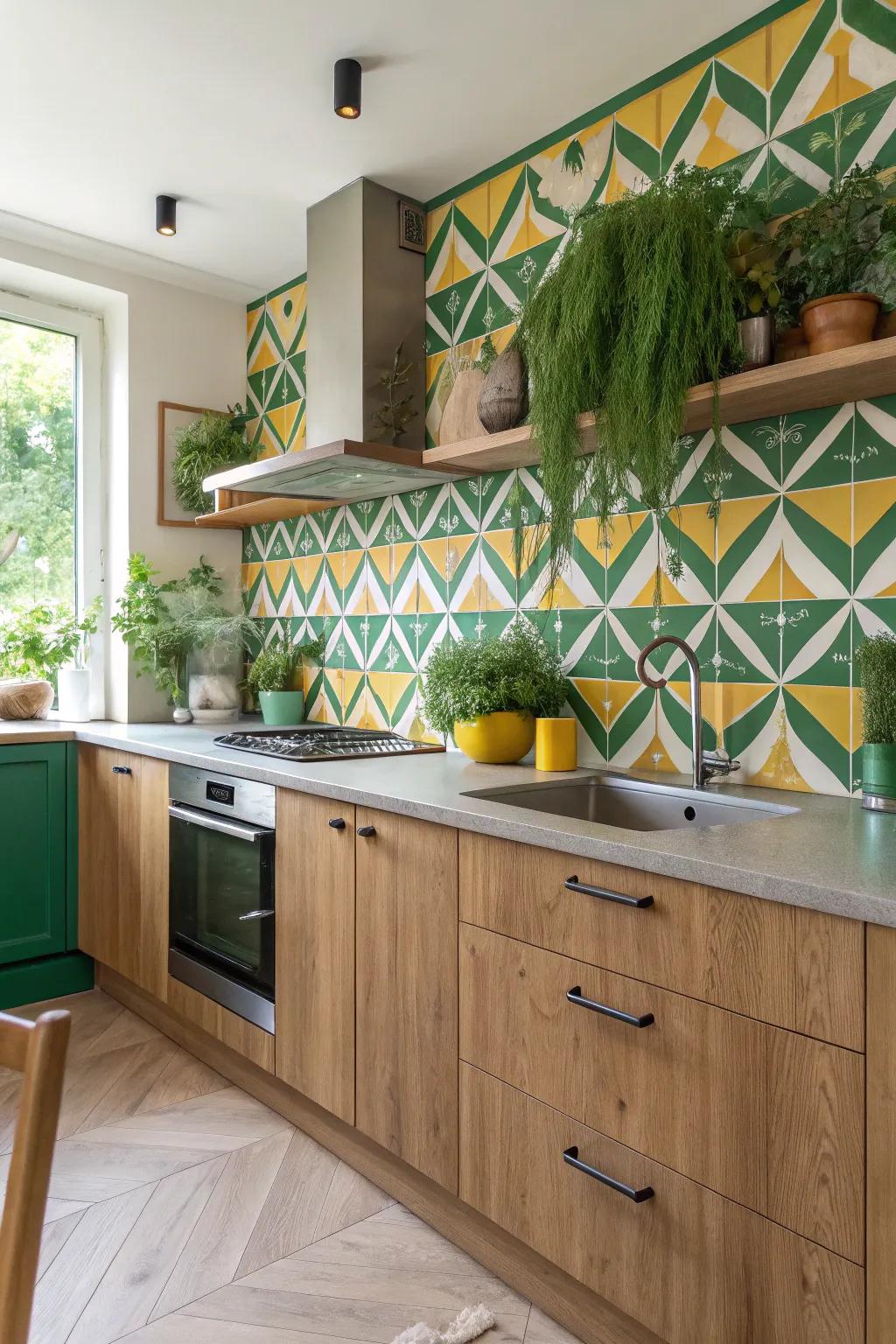 Geometric patterns bring a modern flair to your natural kitchen design.