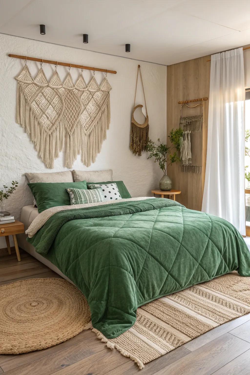 Bohemian bliss with green hues and eclectic decor. 🌿🎨 #BohemianStyle #EclecticDecor