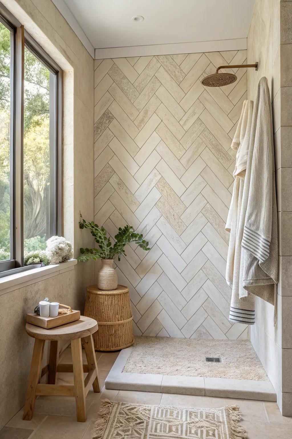 Play with geometry and herringbone for a shower design that's full of life.