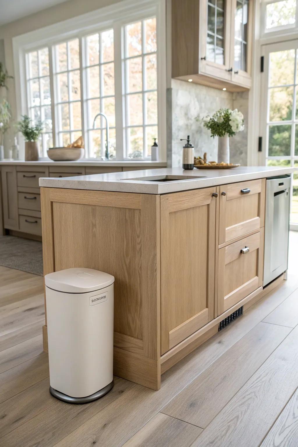 A stylishly designed trash can hides in plain sight while complementing your kitchen.