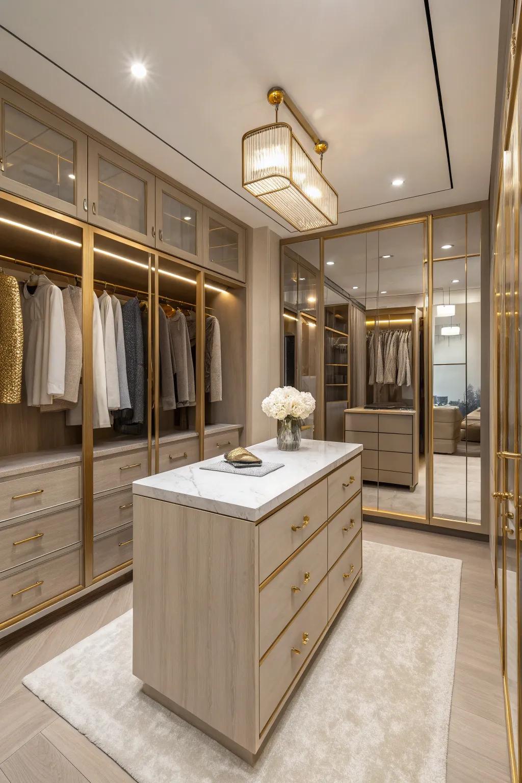 Double-sided closets offer ample storage and style.