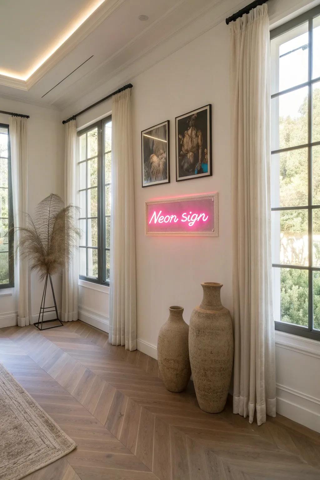 A gallery wall with a neon twist adds an artistic flair to any room.