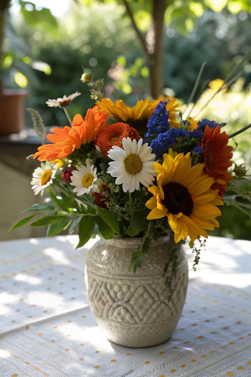 An eclectic mix of sunflowers and daisies brings cheerful surprise to your decor. 🌻🌼 #EclecticStyle #CheerfulDecor