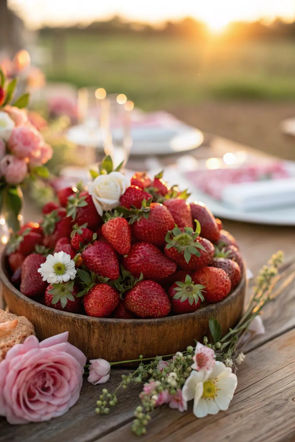Delight your senses with a centerpiece of strawberries and edible flowers.