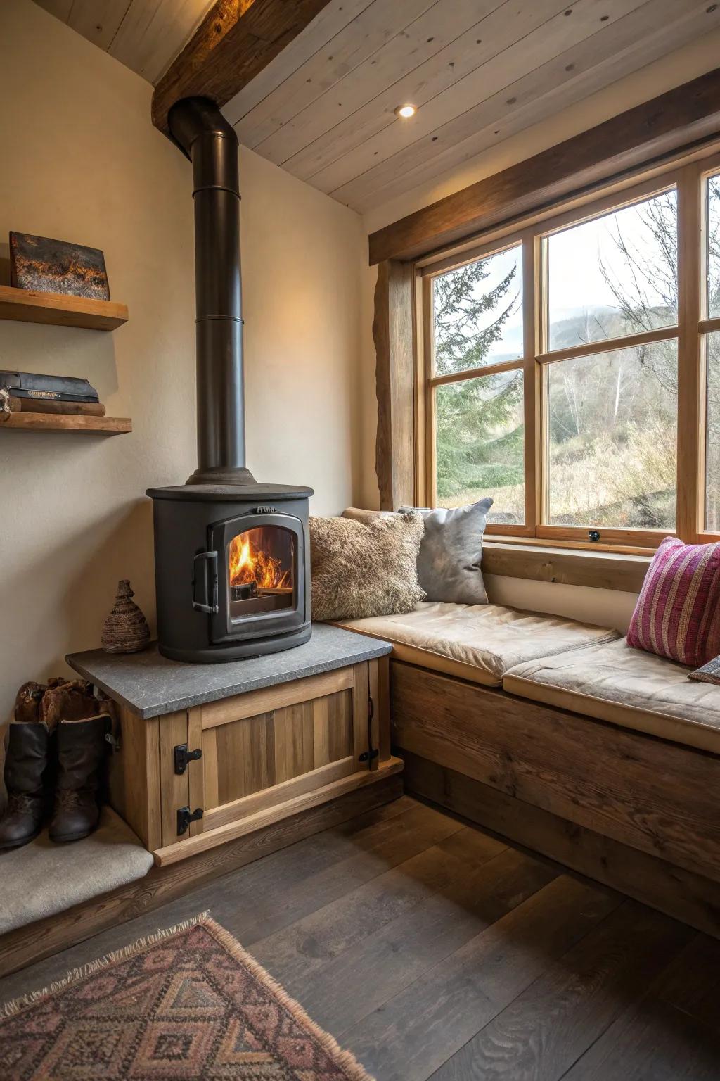 A window seat adds a cozy reading nook next to your wood stove alcove.
