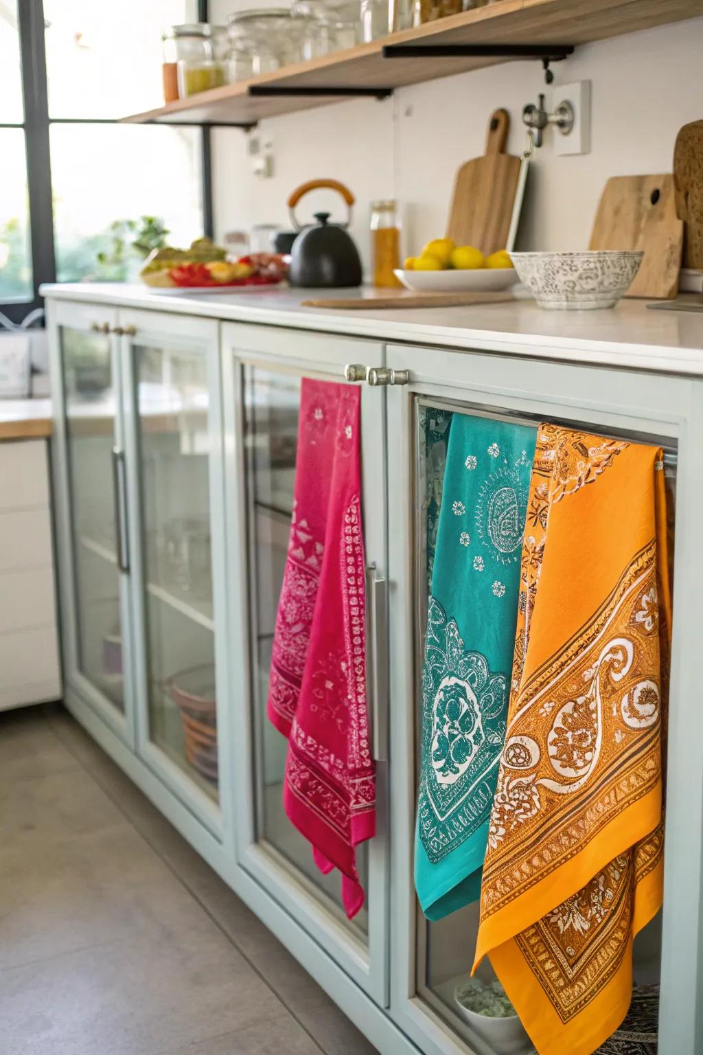 Bandana-lined cabinets offer a warm and colorful surprise in your kitchen.