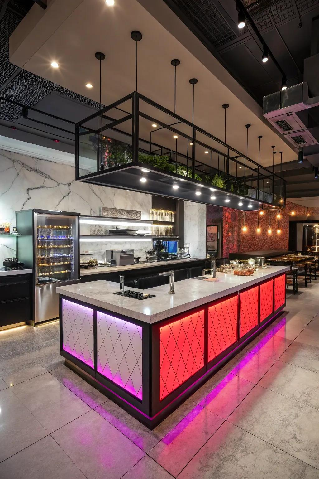 Color-changing lights add a vibrant twist to your kitchen design. 🌈 #CreativeLighting #KitchenFun