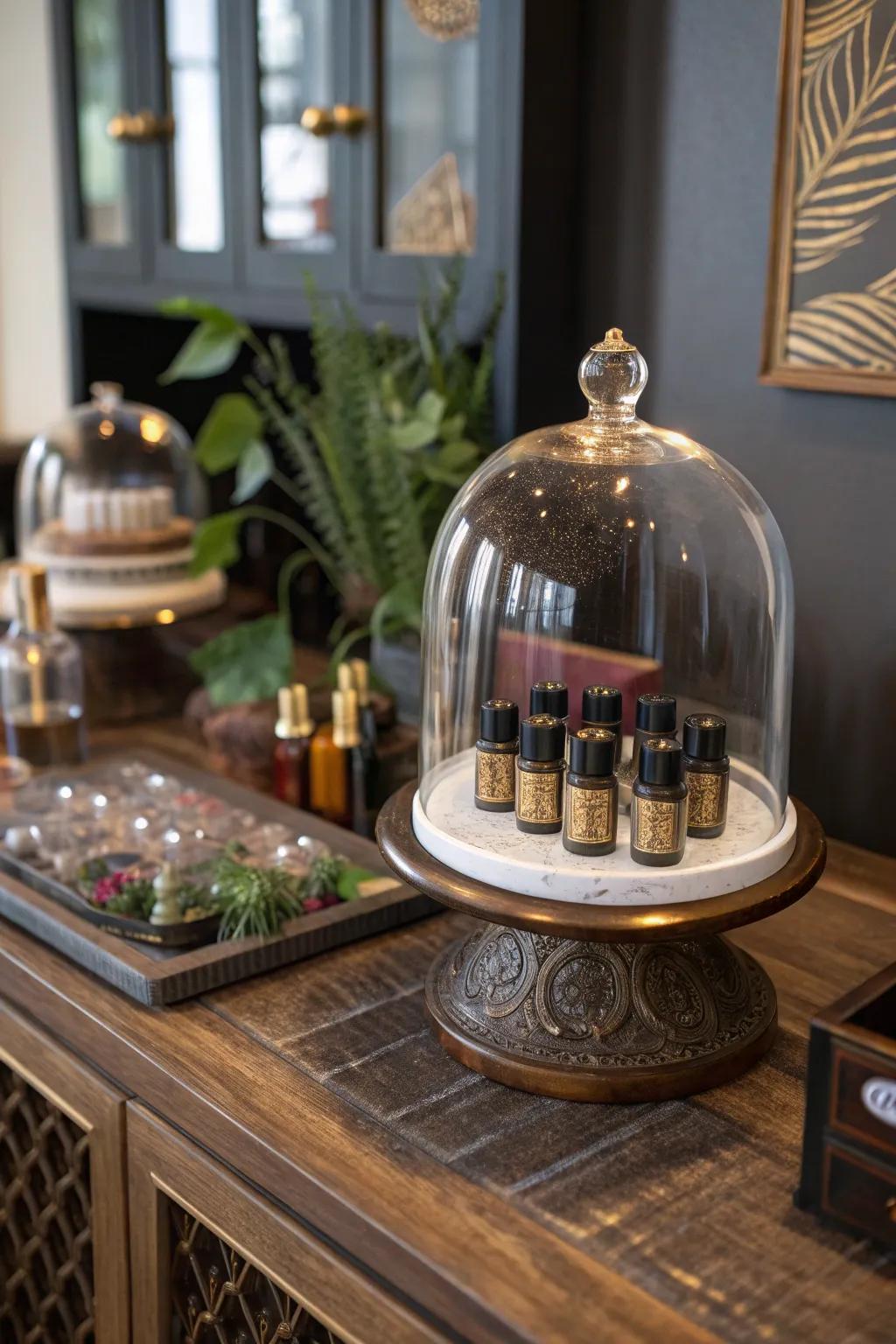 Add mystery and elegance with glass display domes.