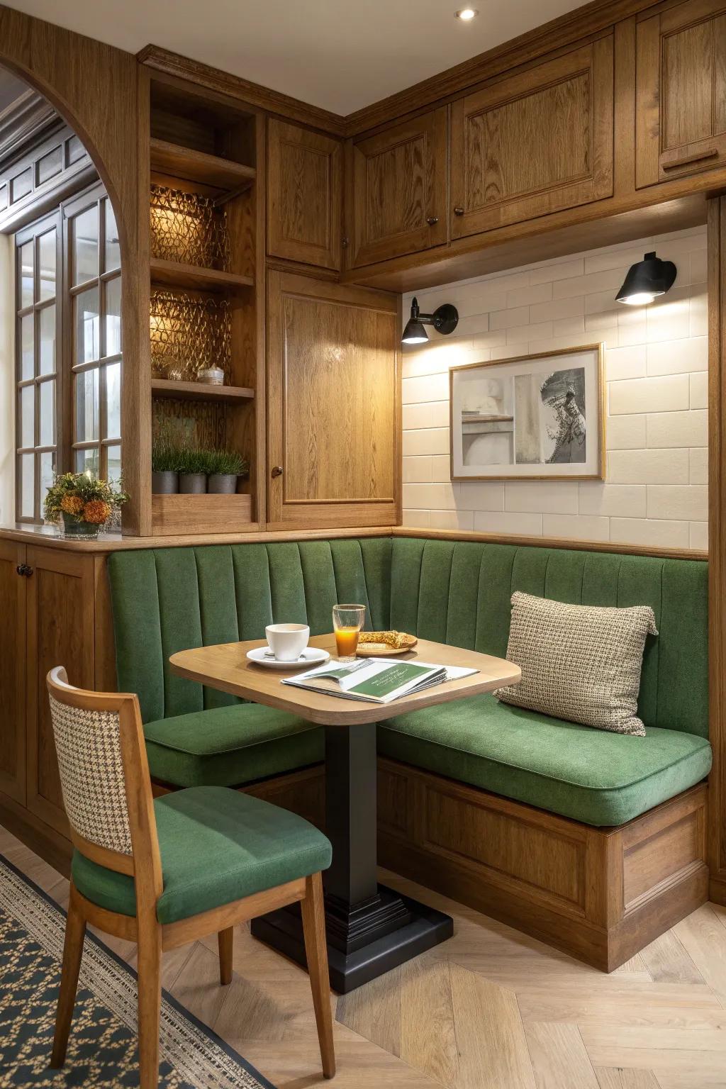 A cozy nook is the perfect addition to any green and wood kitchen.