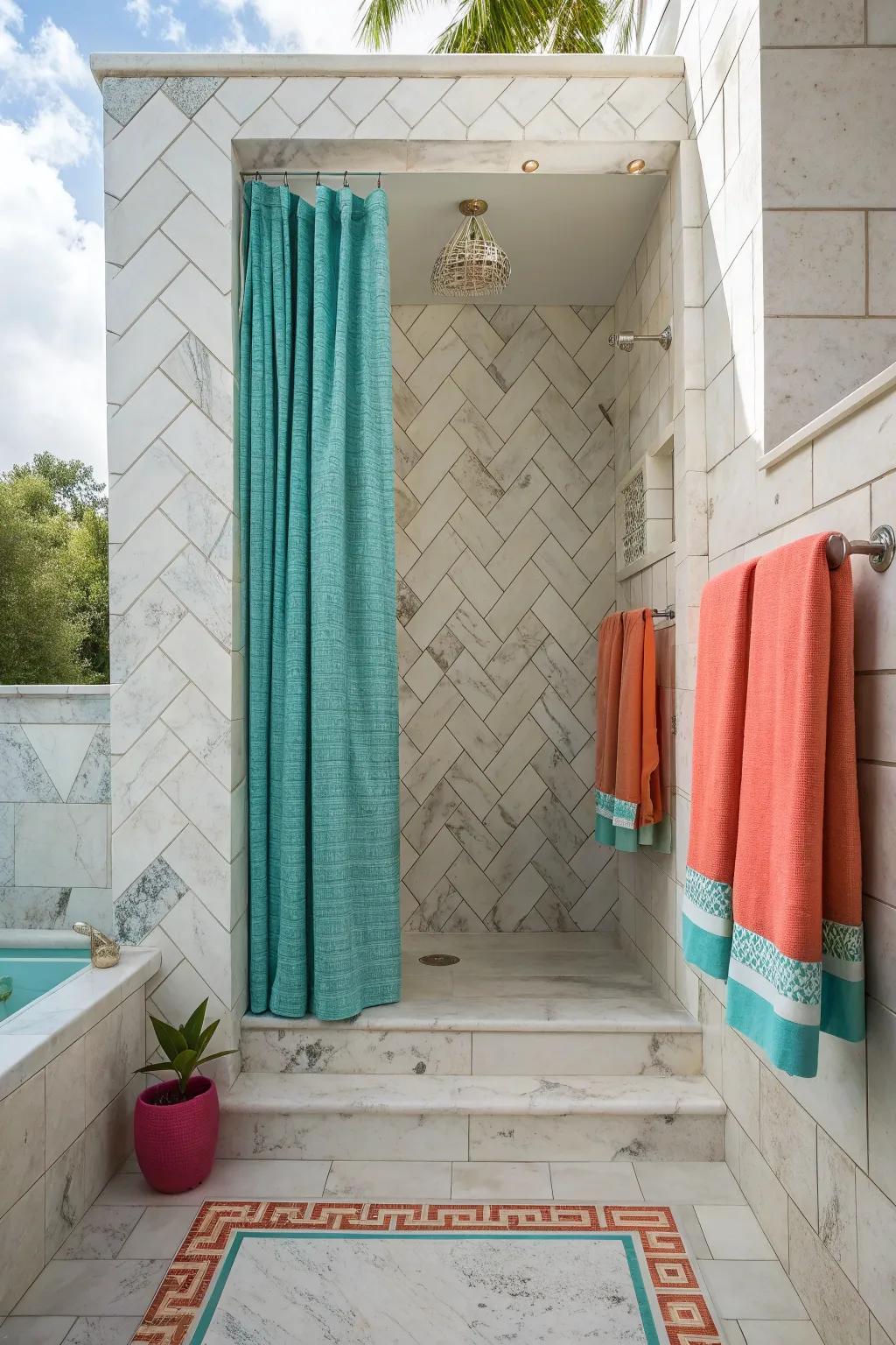 Indulge in luxury with the timeless elegance of marble herringbone tiles. 🏛️✨ #LuxuriousLiving #MarbleMagic #TileInspo