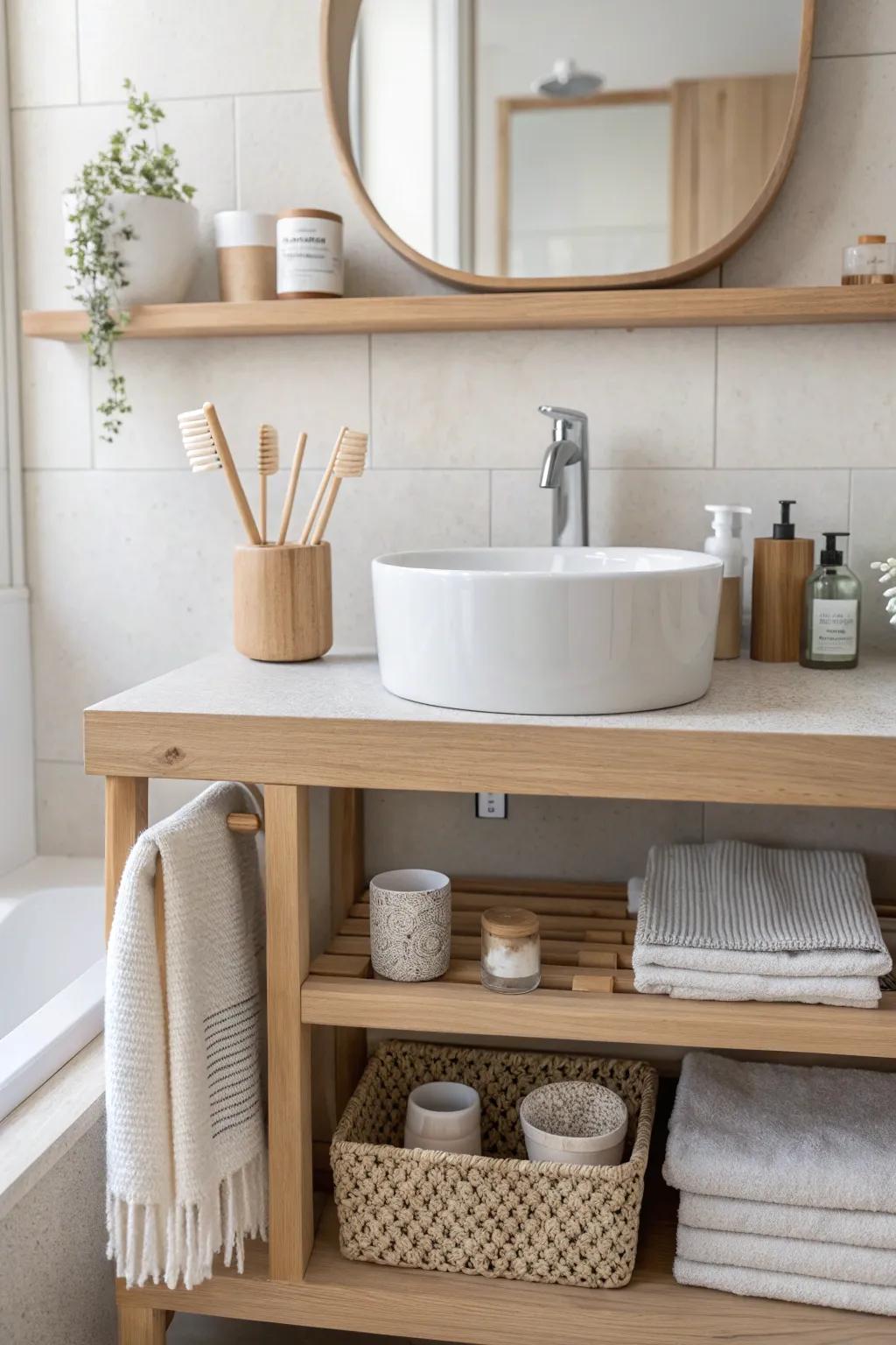 Integrated shelves within the sink area offer innovative storage solutions.