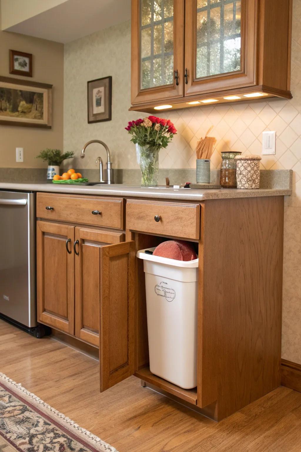 Repurposing a cabinet is an effective way to integrate waste management.