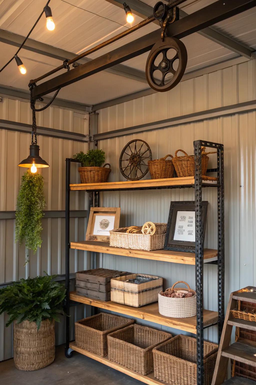 Elevate your storage game with overhead pulleys that keep bulky items off the ground.