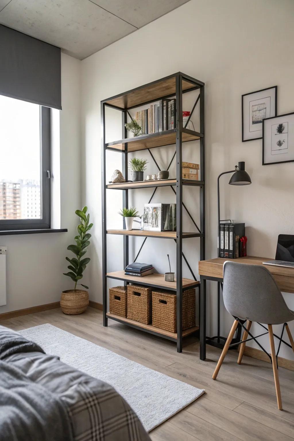 A minimalist bookshelf keeps your space organized and stylish.