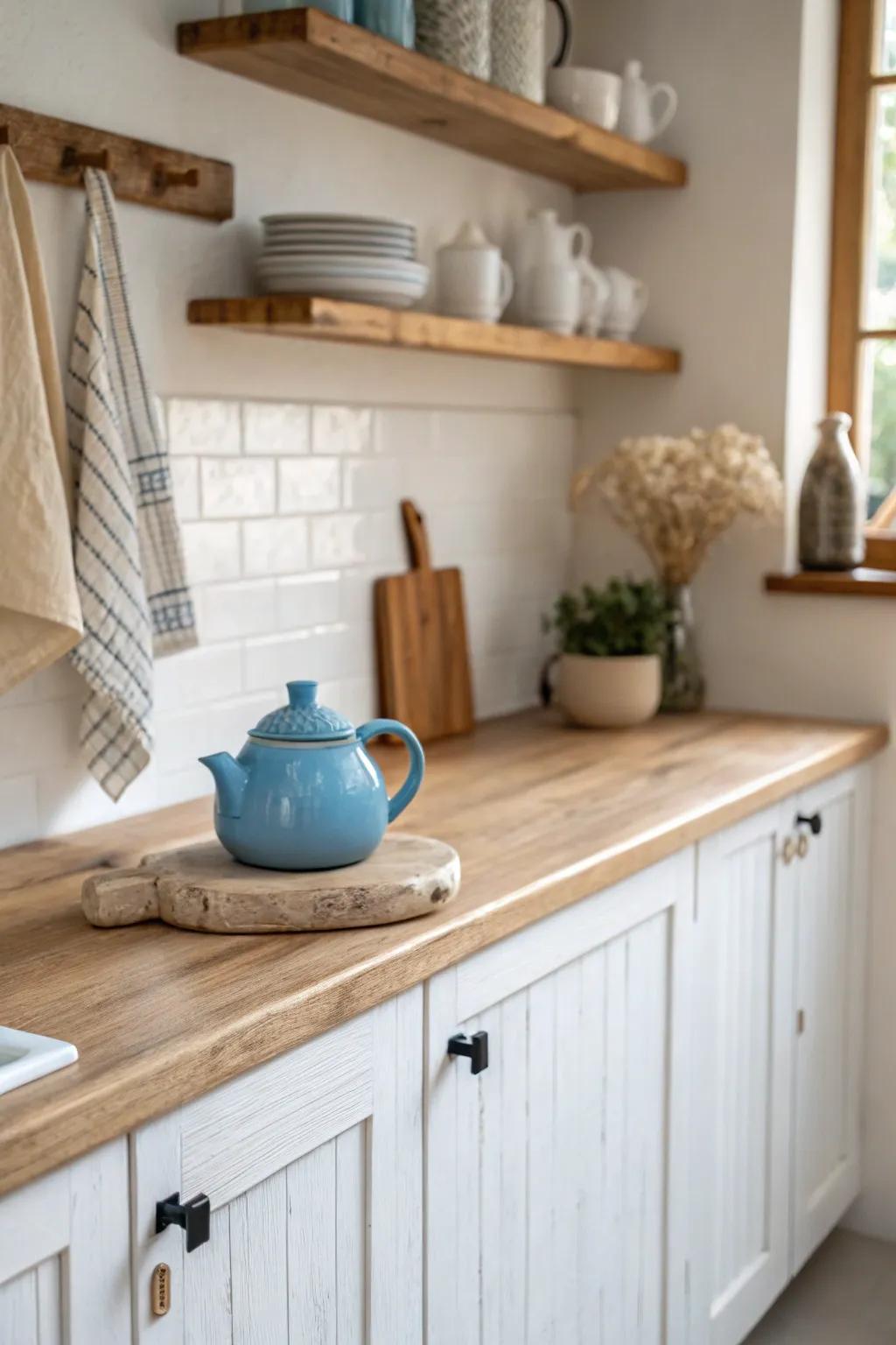 Touches of blue bring a serene, coastal vibe to off white kitchens, enhancing their tranquility.