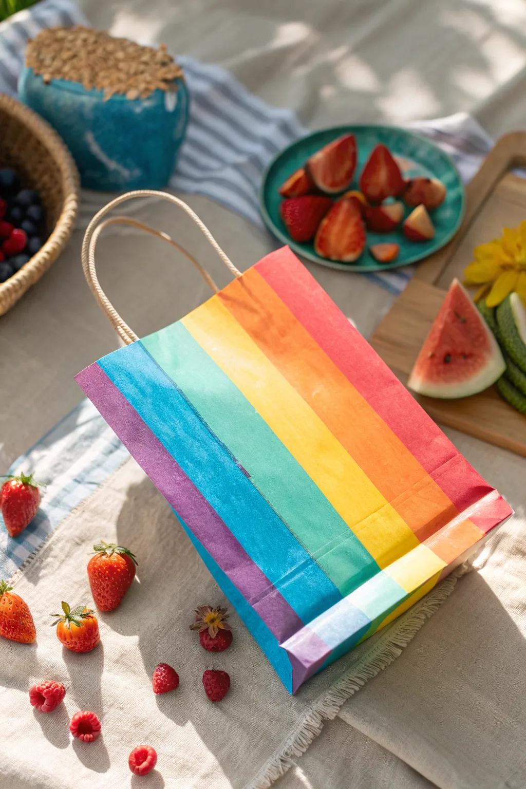 Brighten up your day with these colorful rainbow-striped bags. #SummerVibes #ColorfulDecor 🌈