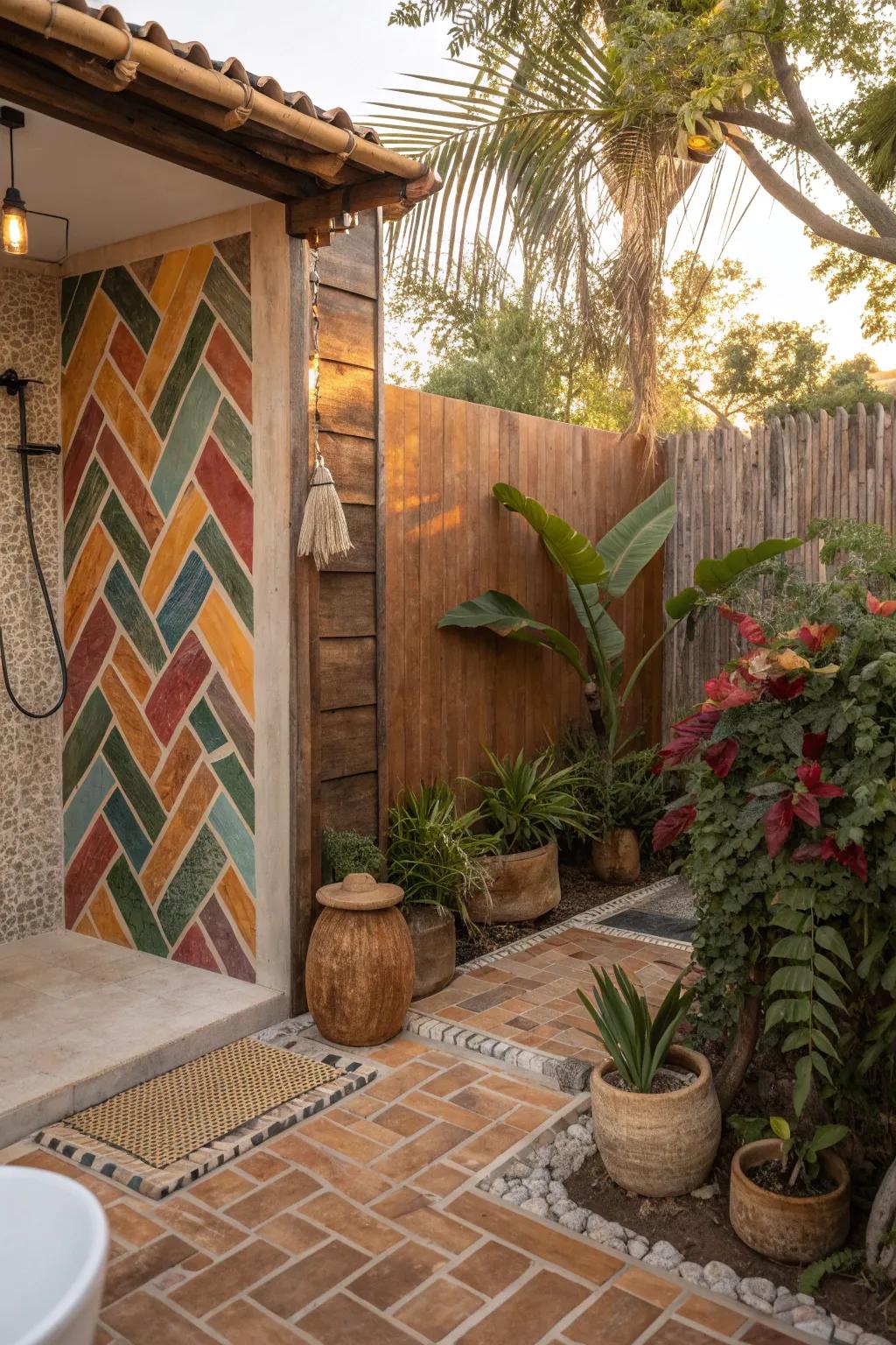 Unleash your creativity with a bohemian herringbone tile shower that's full of charm and personality.