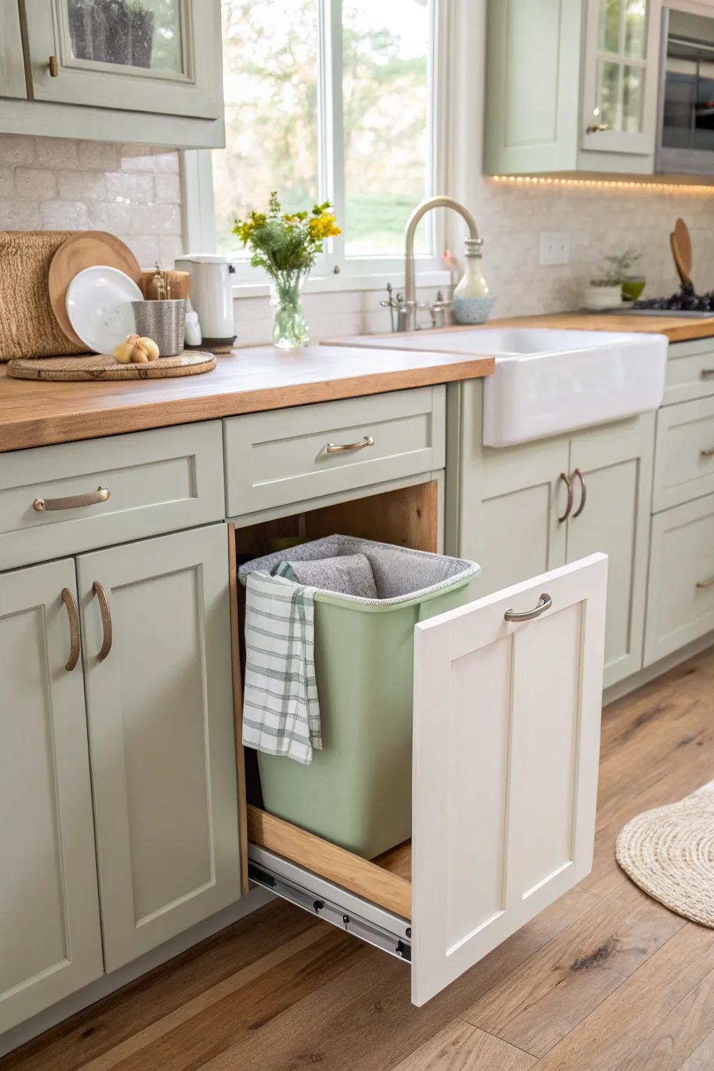 Beneath-the-sink storage is a classic, convenient way to hide trash.