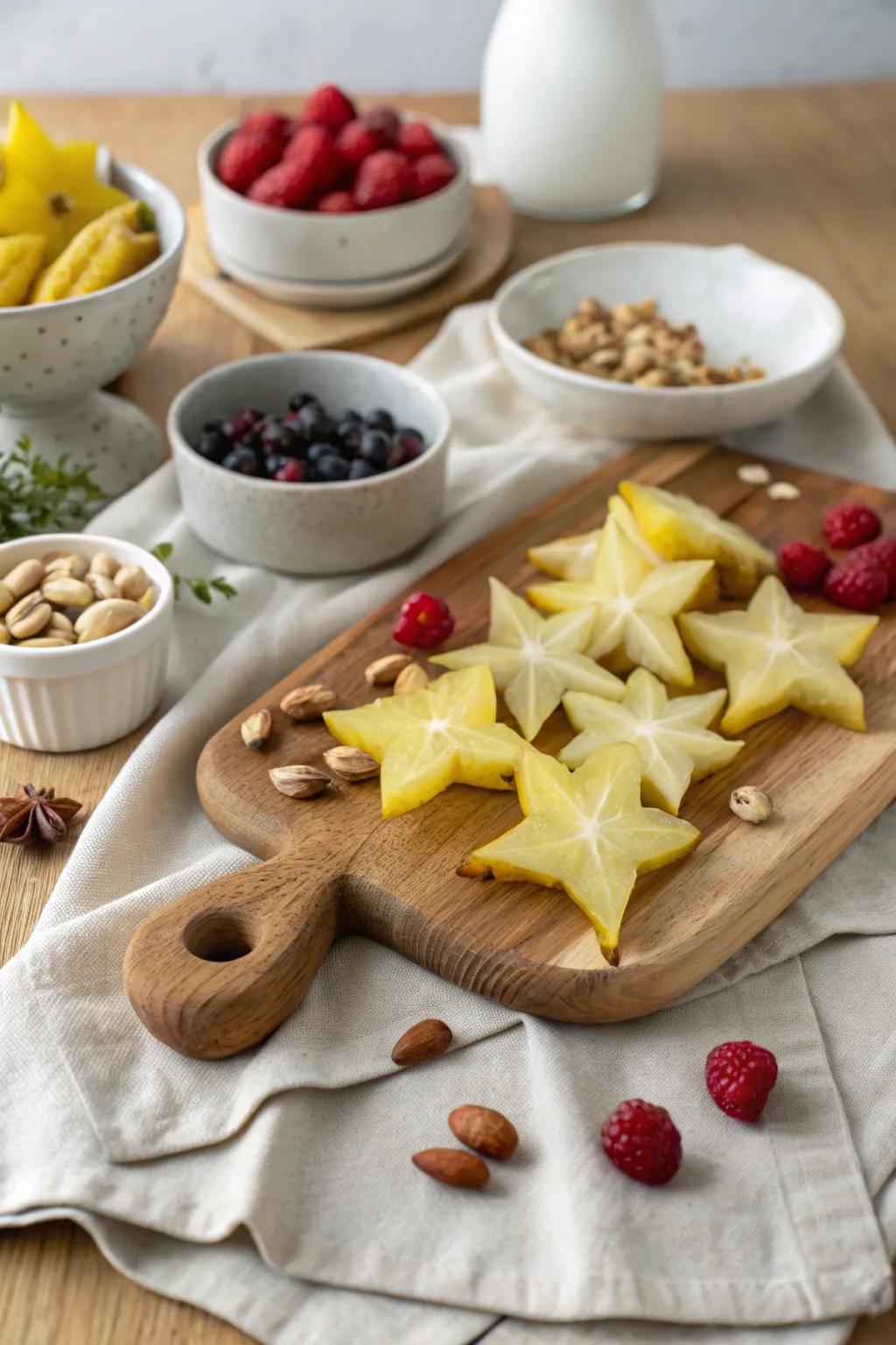 Add an exotic twist with star fruit slices, elevating your board's visual appeal.