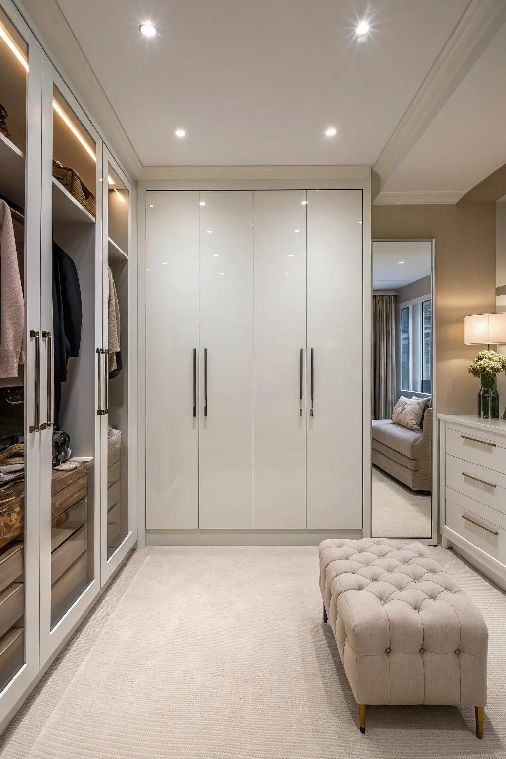 High-gloss finishes elevate the modern aesthetic of your closet.