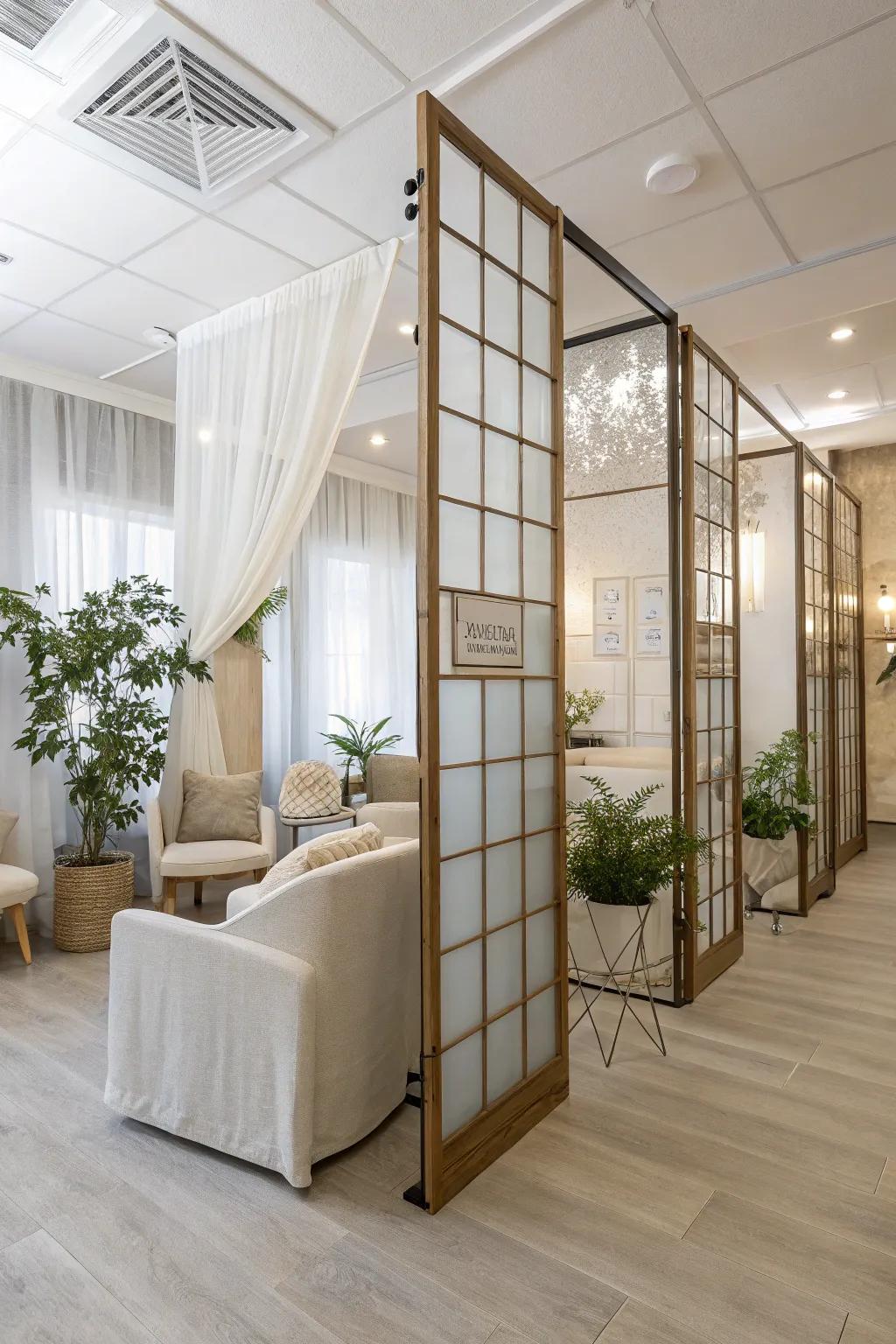 Maintain privacy and light with elegant frosted glass partitions.