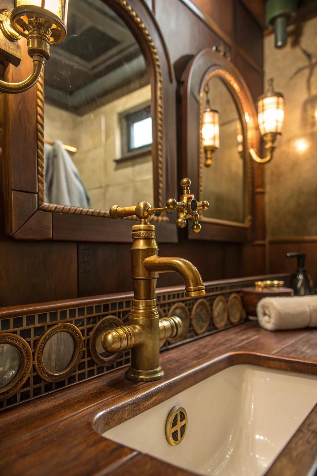 Create a luxurious retreat with a steampunk bathroom featuring brass and vintage charm.