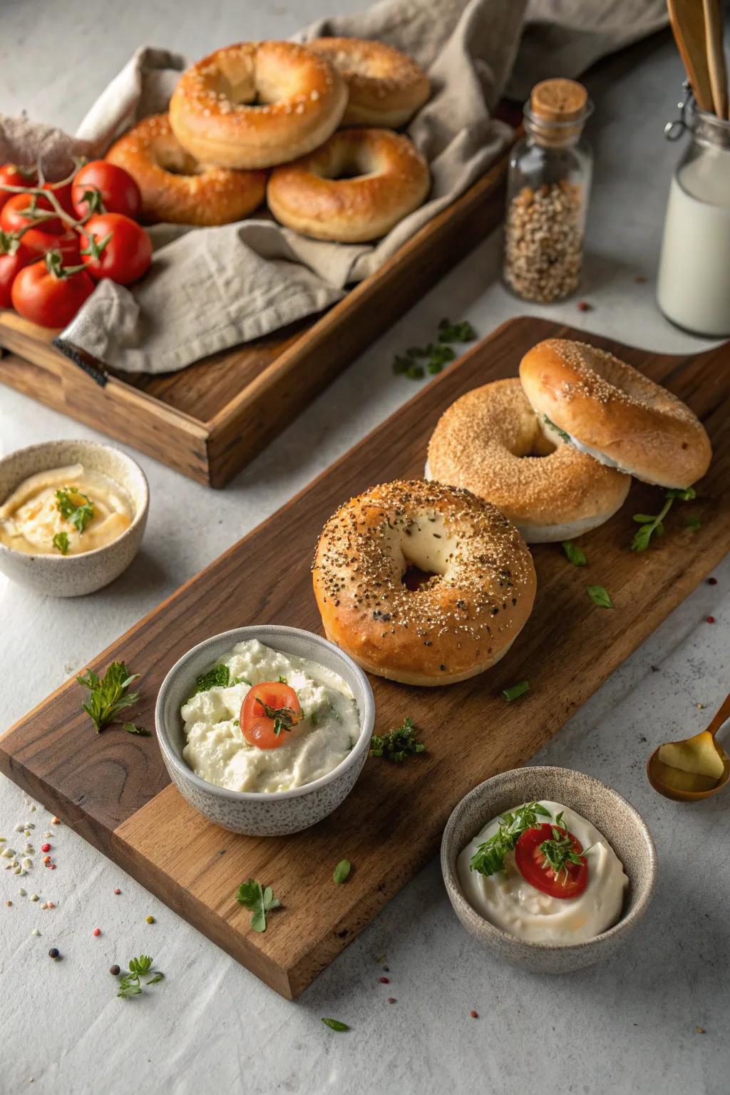 Classic bagels on a wooden board create a warm, inviting atmosphere perfect for any occasion.