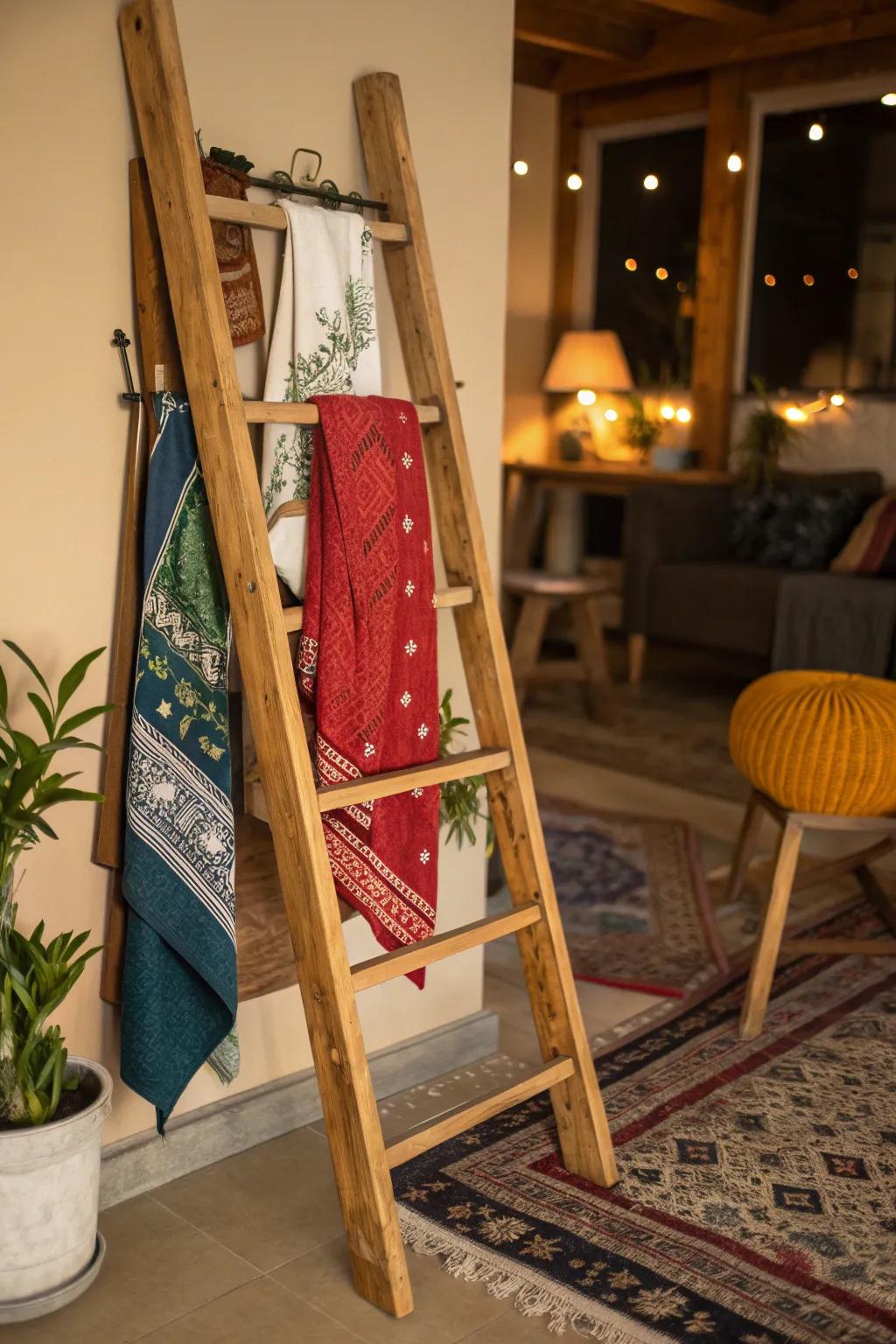 A ladder becomes a stylish bandana display, showcasing vibrant patterns with ease.