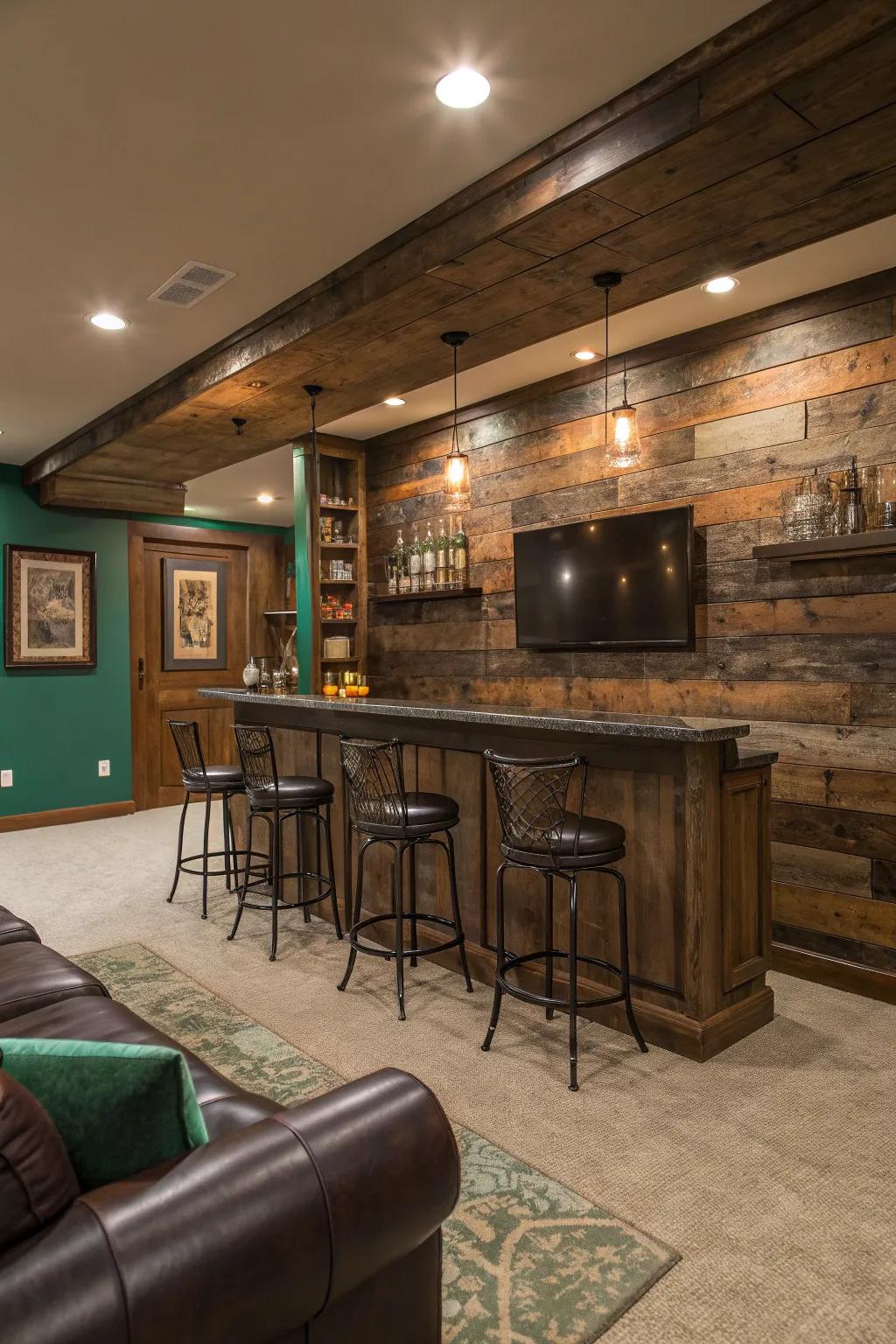 Embrace the warmth of rustic wood for a bar wall that invites relaxation and conversation.