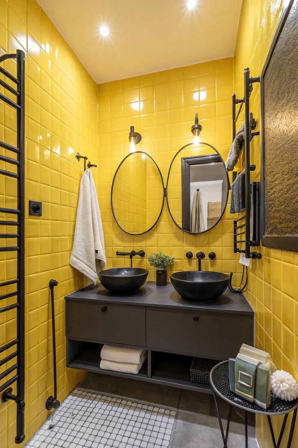 Sunny yellow walls transform this bathroom into a vibrant retreat, enhanced by sleek black fixtures. #BathroomGoals #BoldDesign