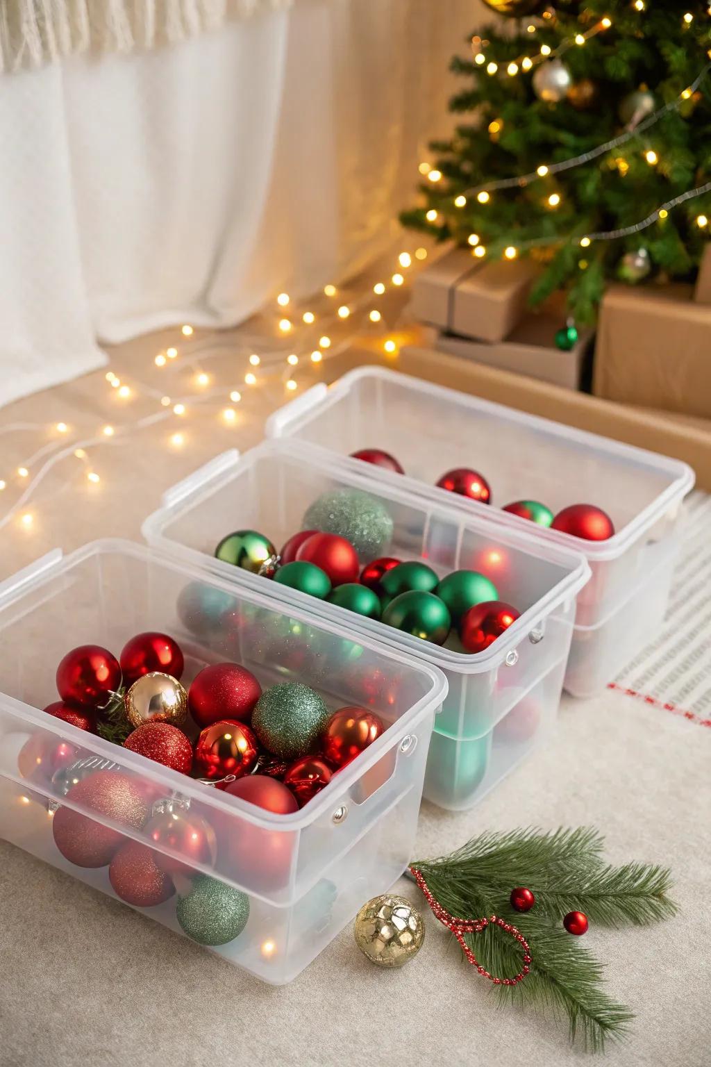 Store your ornaments with care and clarity using compartmentalized clear bins.