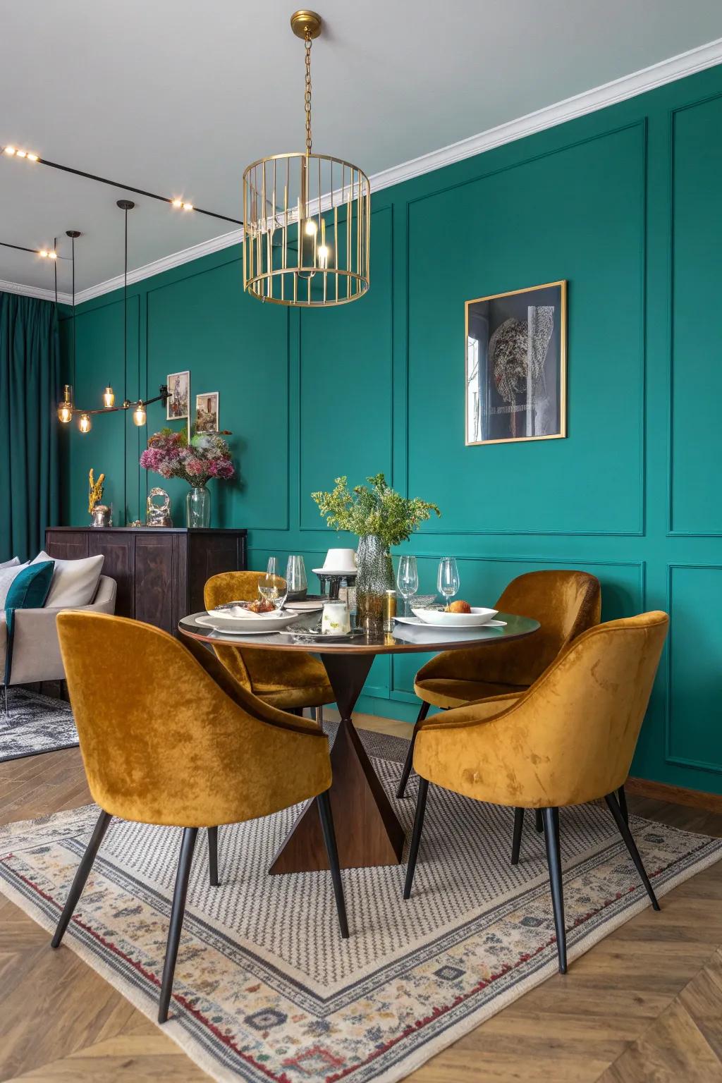 Elevate your dining experience with bold wall colors that invite energy and excitement.
